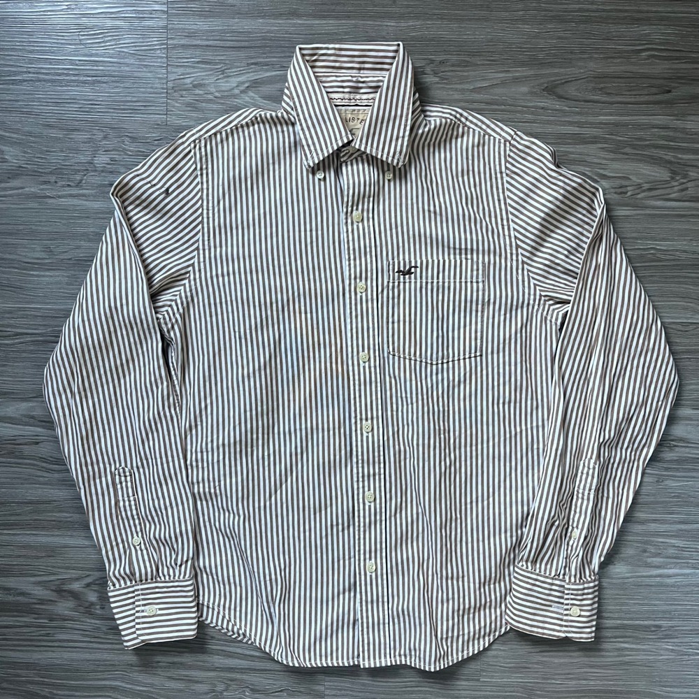 Hollister Mens Brown White Striped Cotton Button Down Shirt Small Long Sleeve - Picture 1 of 7